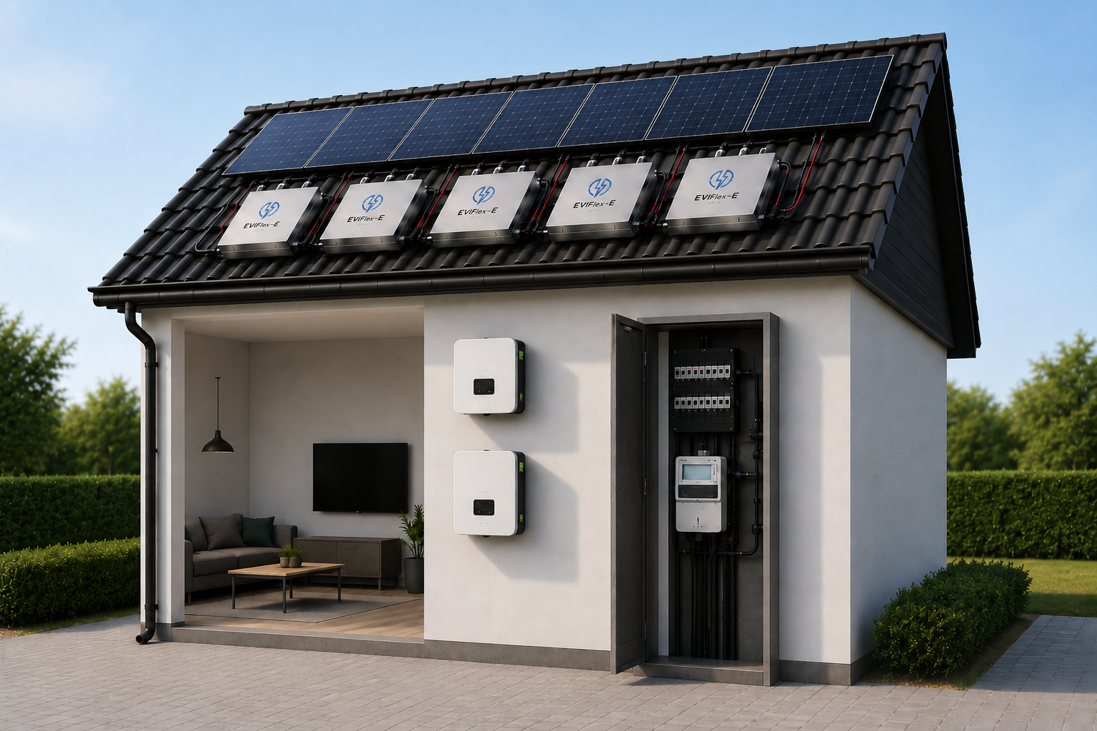 Huis met zonnepanelen en EVIFlex-E batterijen op het dak, twee omvormers, meterkast en EMS — met de energiecircuits ertussen.